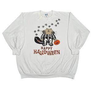Vintage 1993 EZL Happy Halloween Cat Skeleton Sweatshirt White Pullover 2XL 90s
